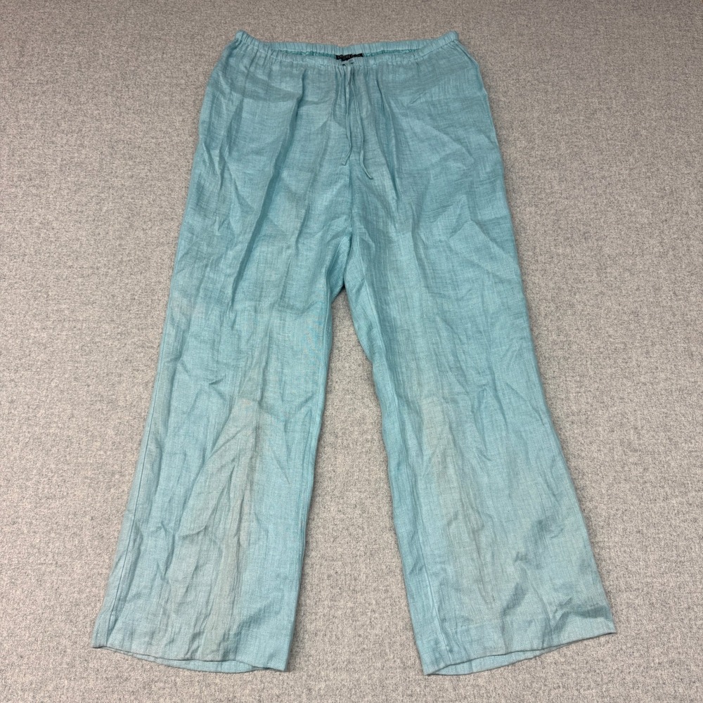 Lafayette 148 New York Linen Wide Leg Pants Size 16 Aqua Blue Drawstring Waist